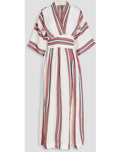 Three Graces London Charita midi-wickelkleid aus leinen mit streifen - Weiß