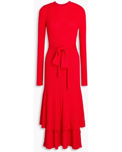 Hayley Menzies Laye Pointelle-paneled Ribbed-knit Midi Dress - Red