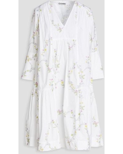 Ganni Gathered Floral-print Cotton Dress - White