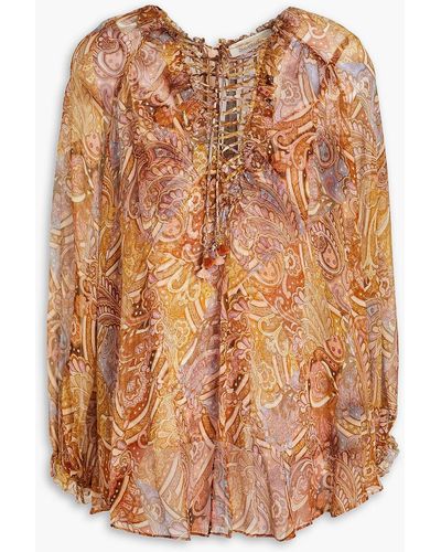 Zimmermann Bluse aus seidenkrepon mit paisley-print und schnürung - Braun
