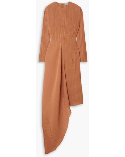 Preen By Thornton Bregazzi Glenda Asymmetric Plissé-georgette Midi Dress - Brown