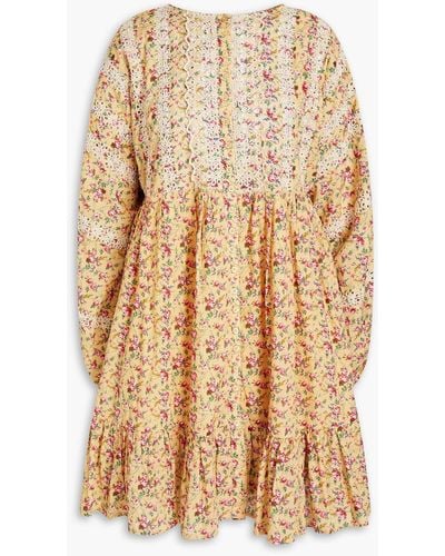 byTiMo Gathered Floral-print Cotton Mini Shirt Dress - Natural