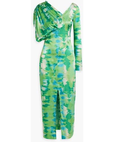 Ganni Asymmetric Tie-dyed Stretch-silk Satin Midi Dress - Green