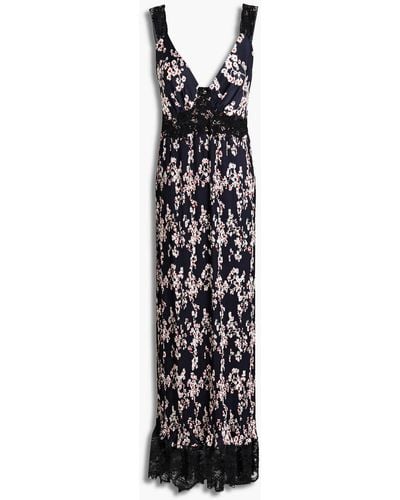 Rabanne Lace-trimmed Pleated Floral-print Satin Maxi Dress - Black