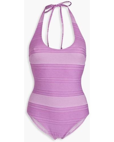 Lisa Marie Fernandez Amber Cotton-blend Chambray Halterneck Swimsuit - Purple