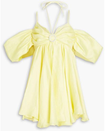 Rasario Cold-shoulder Embellished Gathered Linen-blend Mini Dress - Yellow