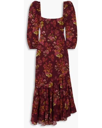 Peony Asymmetric Floral-print Cotton-blend Midi Dress - Red