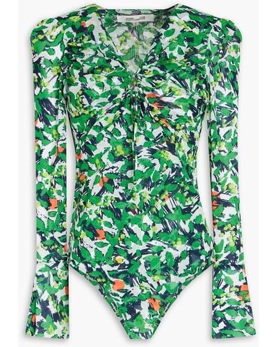 Diane von Furstenberg Lyric Printed Stretch-mesh Bodysuit - Green