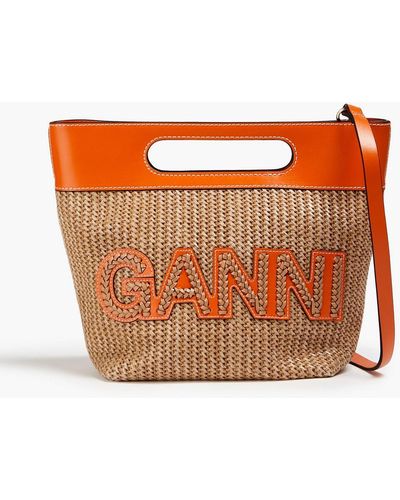Ganni Leather-trimmed Raffia Tote - Orange