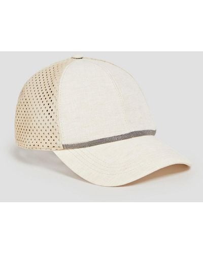 Brunello Cucinelli Bead-embellished Linen And Suede Cap - Natural