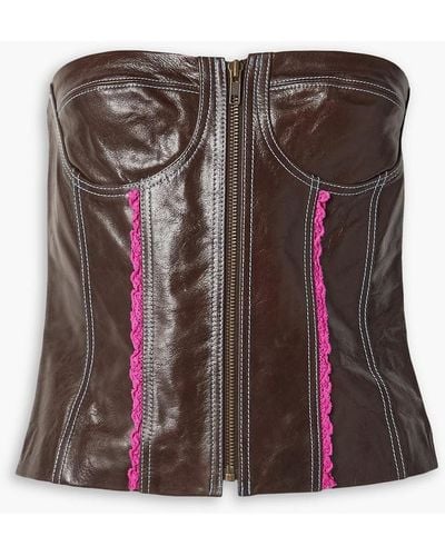 ANDERSSON BELL Strapless Lace-trimmed Leather Bustier Top - Brown
