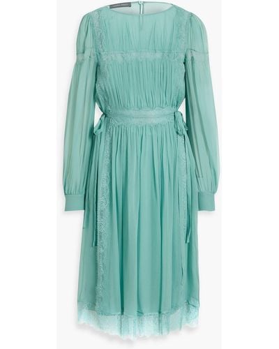 Alberta Ferretti Lace-trimmed Gathered Silk-chiffon Dress - Green