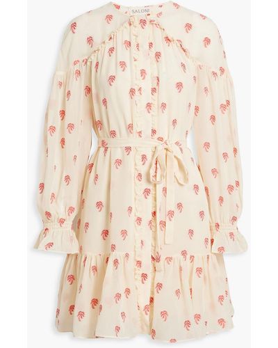 Saloni Pixie Belted Embroidered Silk-blend Chiffon Mini Dress - Natural