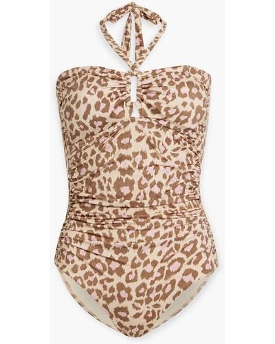 Zimmermann Ruched Leopard-print Halterneck Swimsuit - White