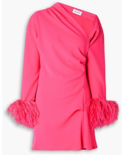 16Arlington One-shoulder Feather-embellished Draped Crepe Mini Dress - Pink