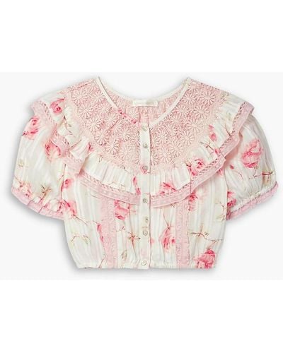 LoveShackFancy Elania Cropped Guipure Lace-trimmed Floral-print Cotton-voile Top - Pink