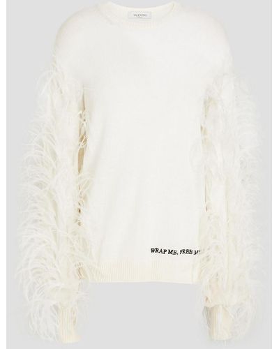 Valentino Garavani Feather-embellished Wool And Cashmere-blend Sweater - Natural