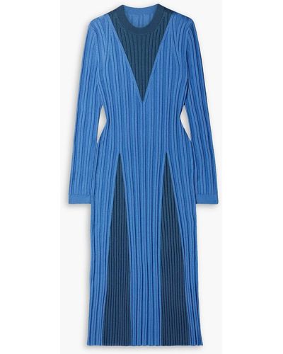 Partow Remy Two-tone Ribbed Cotton-blend Midi Dress - Blue