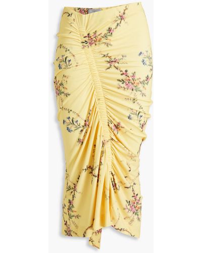 Preen By Thornton Bregazzi Xenie Ruched Floral-print Stretch-crepe Midi Skirt - Yellow