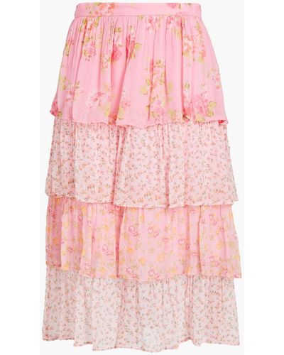 Ghost Thea Tiered Floral-print Crepon Midi Skirt - Pink