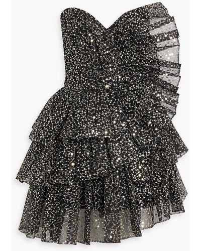 Rasario Strapless Ruffled Sequined Tulle Mini Dress - Black