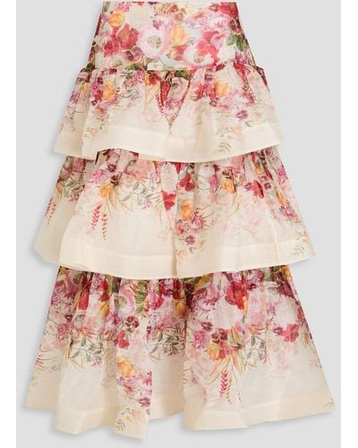 Zimmermann Tiered Floral-print Linen And Silk-blend Gauze Midi Skirt - Pink