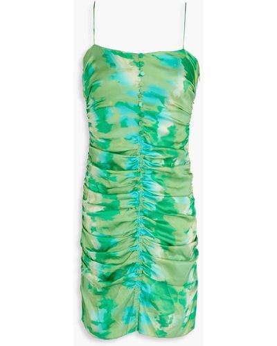 Ganni Button-embellished Ruched Printed Silk-blend Stain Mini Dress - Green