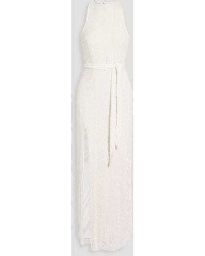 retroféte Tzilly Belted Sequined Chiffon Maxi Dress - White