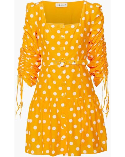 Nicholas Belted Ruched Polka-dot Cotton And Silk-blend Mini Dress - Yellow
