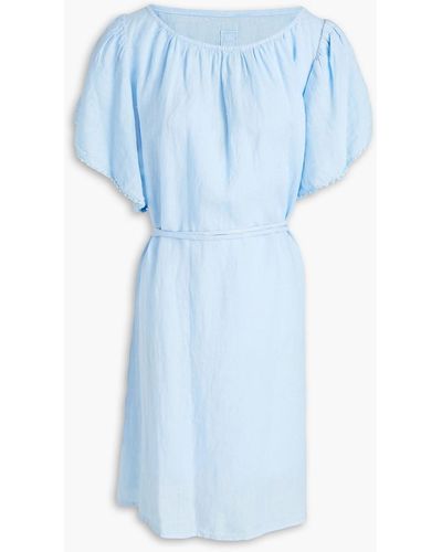 120% Lino Belted Gathered Linen Mini Dress - Blue