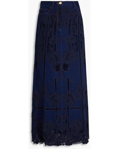 Valentino Garavani Lace-trimmed Denim Maxi Skirt - Blue