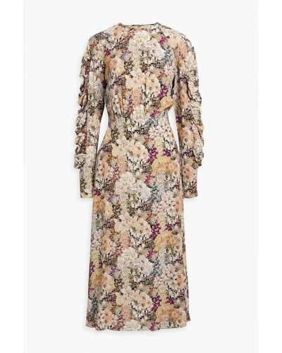 Les Rêveries Ruffled Floral-print Silk-crepe De Chine Midi Dress - Natural