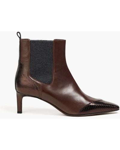 Brunello Cucinelli Embellished Smooth And Lizard-effect Leather Ankle Boots - Brown