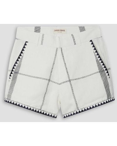 Emporio Sirenuse Kantha Embroidered Checked Linen Shorts - White