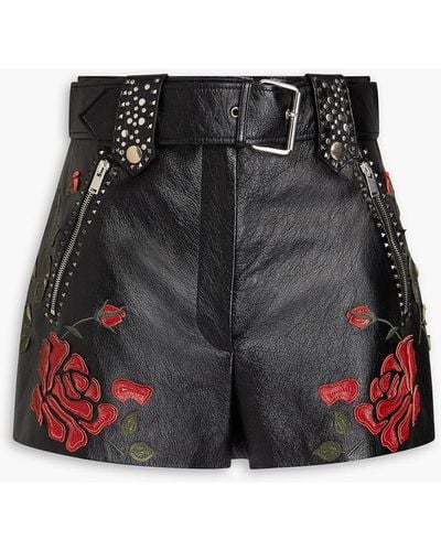 Valentino Garavani Belted Floral-appliquéd Studded Leather Shorts - Black