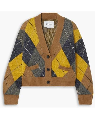 RE/DONE Cropped Argyle Jacquard-knit Cardigan - Yellow