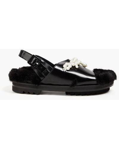 Simone Rocha Low Trek Mbellished Faux Fur And Glossed-leather Sandals - Black