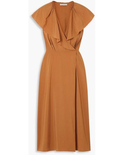 Vince Wrap-effect Ruffled Woven Midi Dress - Brown