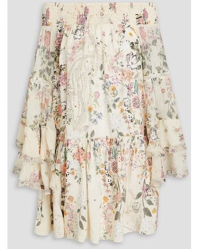 Camilla Off-the-shoulder Floral-print Silk Crepe De Chine Mini Dress - Natural
