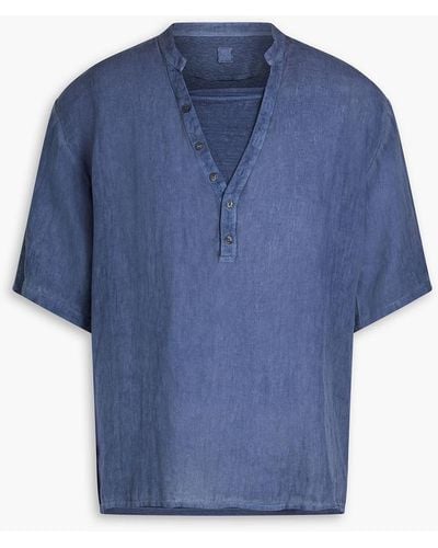120% Lino Jersey-paneled Slub Linen Henley Shirt - Blue