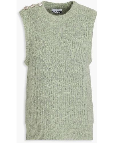 Ganni Crystal-embellished Brushed Ribbed-knit Vest - Green