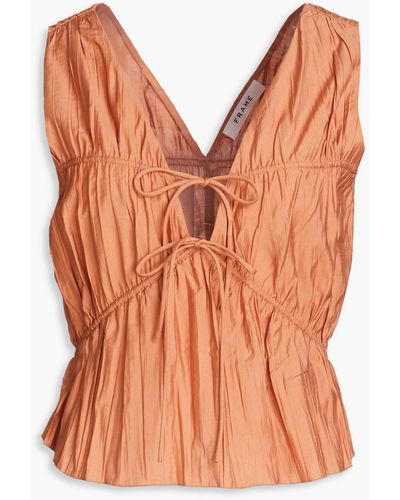 FRAME Tie-front Ruched Woven Top - Orange