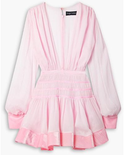 Sergio Hudson Ruffled Velvet-trimmed Silk-crepon Mini Dress - Pink