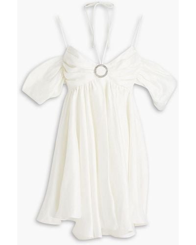 Rasario Cold-shoulder Gathered Linen-blend Mini Dress - White