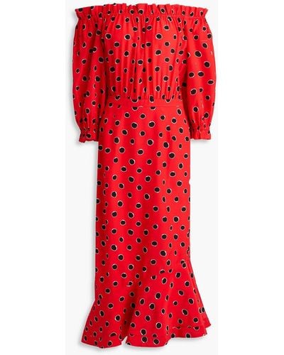 Saloni Grace Off-the-shoulder Polka-dot Silk Crepe De Chine Midi Dress - Red
