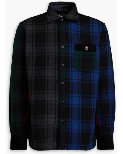 A Bathing Ape Embroidered Checked Wool-blend Flannel And Corduroy Shirt - Blue