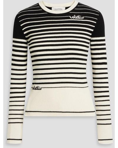 Valentino Garavani Embroidered Striped Wool And Cashmere-blend Sweater - Black