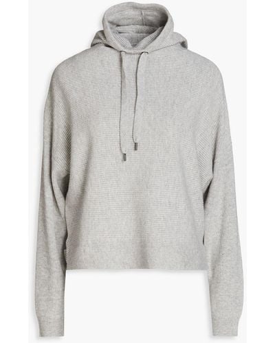 Brunello Cucinelli Bead-embellished Ribbed Wool, Cashmere And Silk-blend Hoodie - Grey