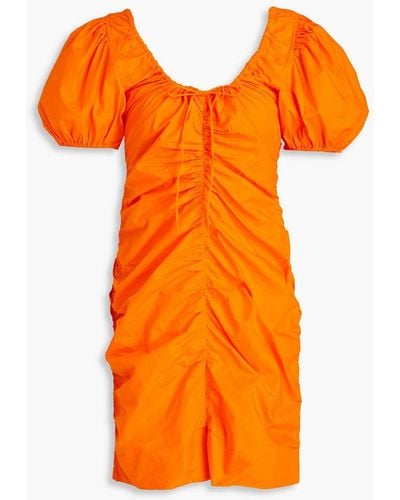 Ganni Ruched Cotton-poplin Mini Dress - Orange