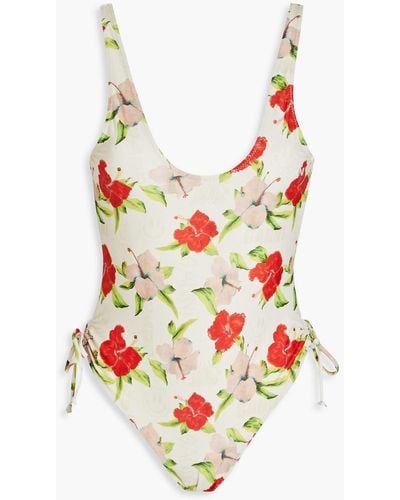 Ganni Tie-detailed Floral-print Swimsuit - Red